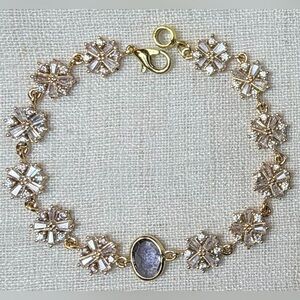 18K gold plated bracelet w white CZ snowflakes and Iolite oval quartz charm.7.5”